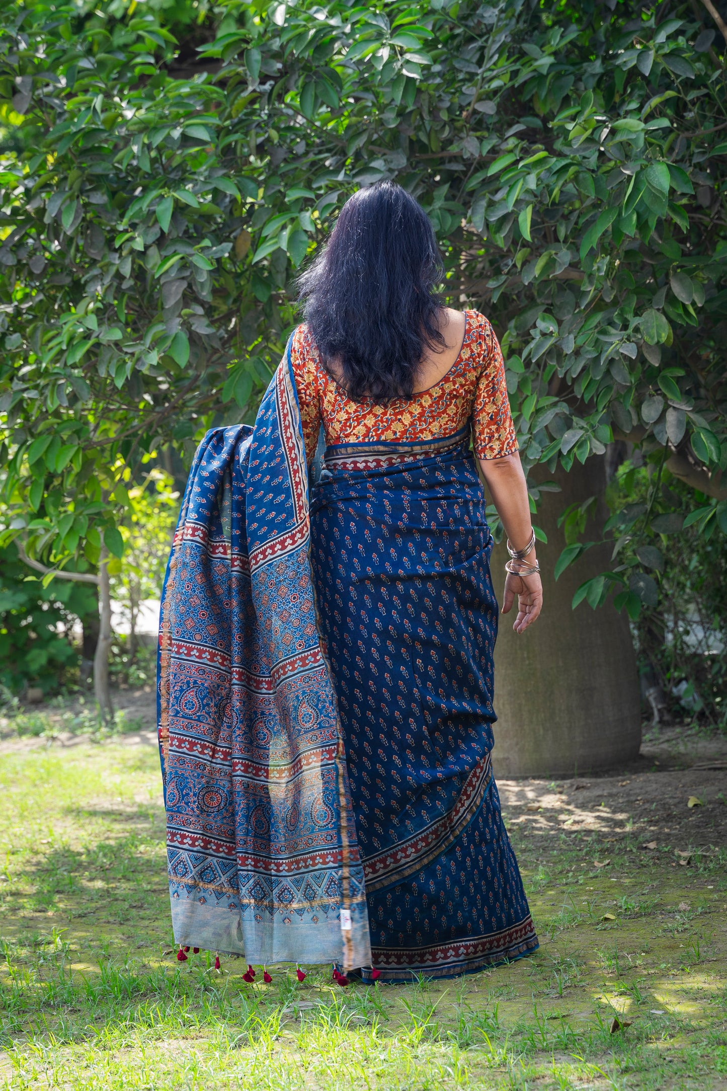 INDIGO RED FLOWER AJRAKH BLOCK PRINT SARI