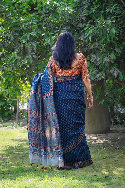 INDIGO RED FLOWER AJRAKH BLOCK PRINT SARI