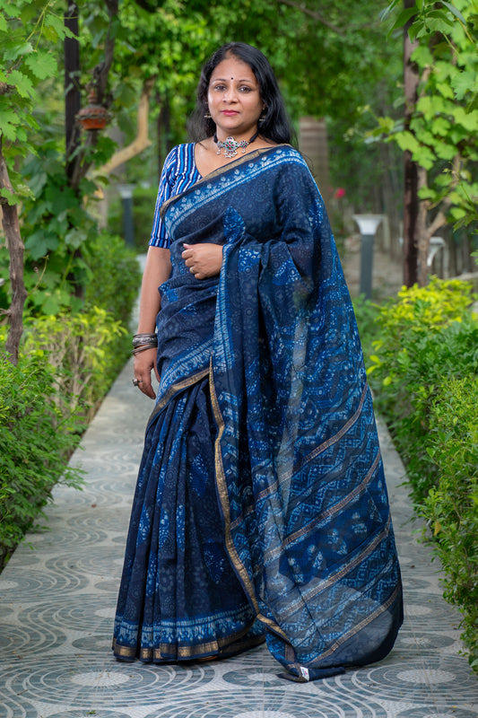 INDIGO SHADES BLOCK PRINTED COTTON SILK SARI