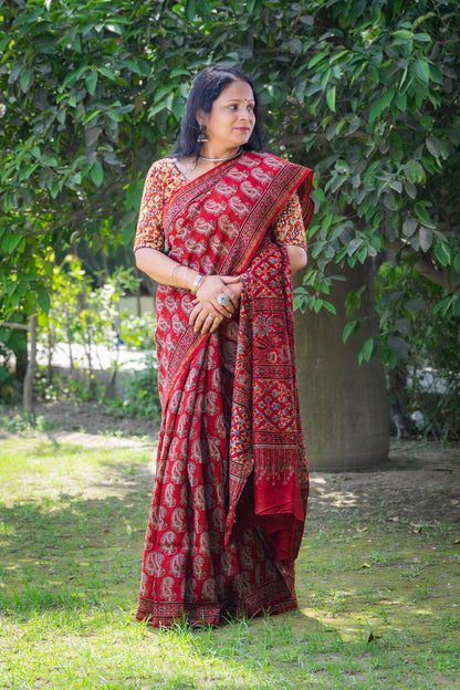 RED PAISLEY AJRAKH BLOCK PRINT SARI