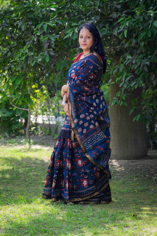 RED INDIGO BLOCK PRINT MAHESHWARI SILK COTTON SARI