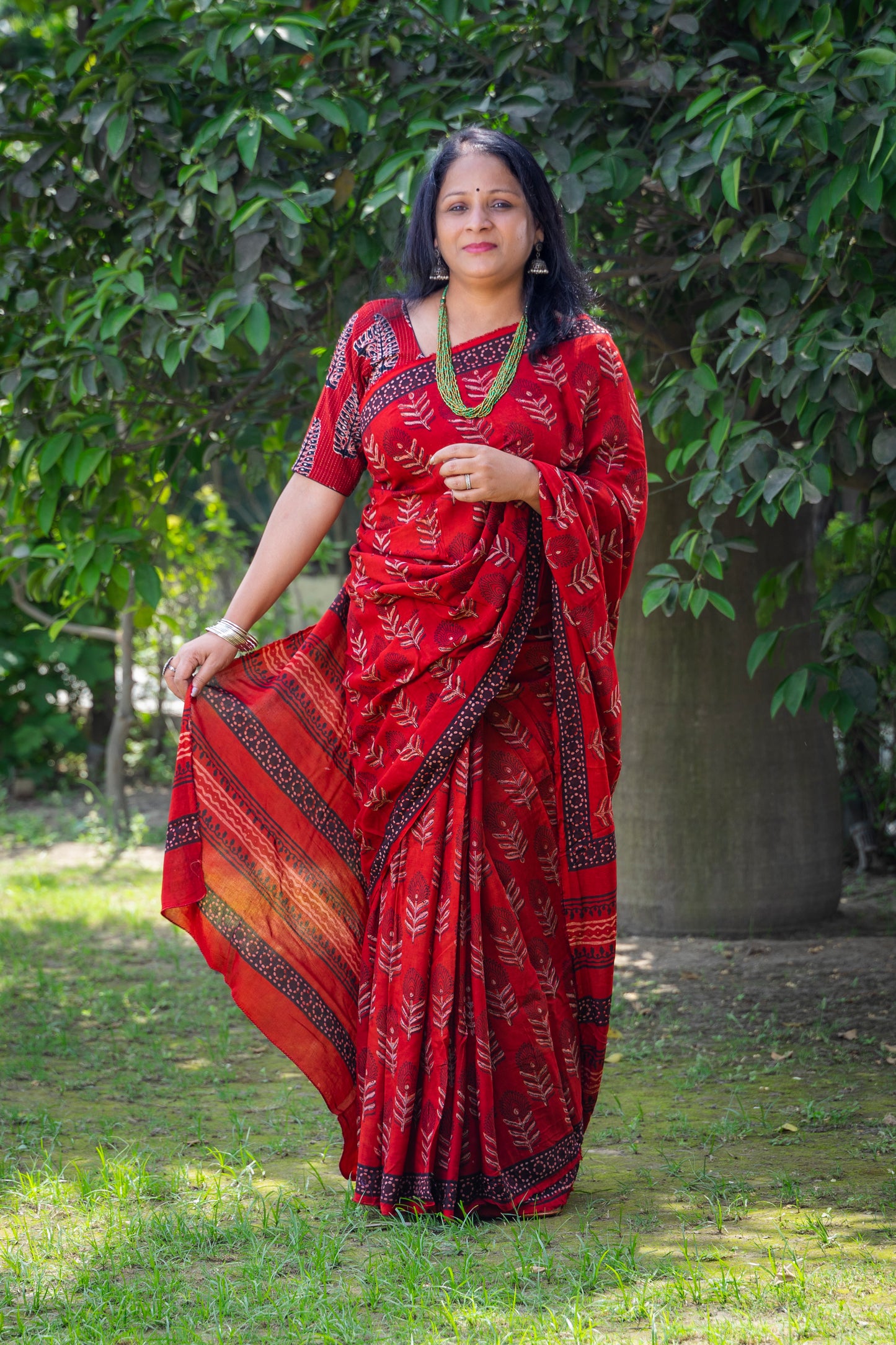 RED BLOCK PRINT MODAL SILK SARI