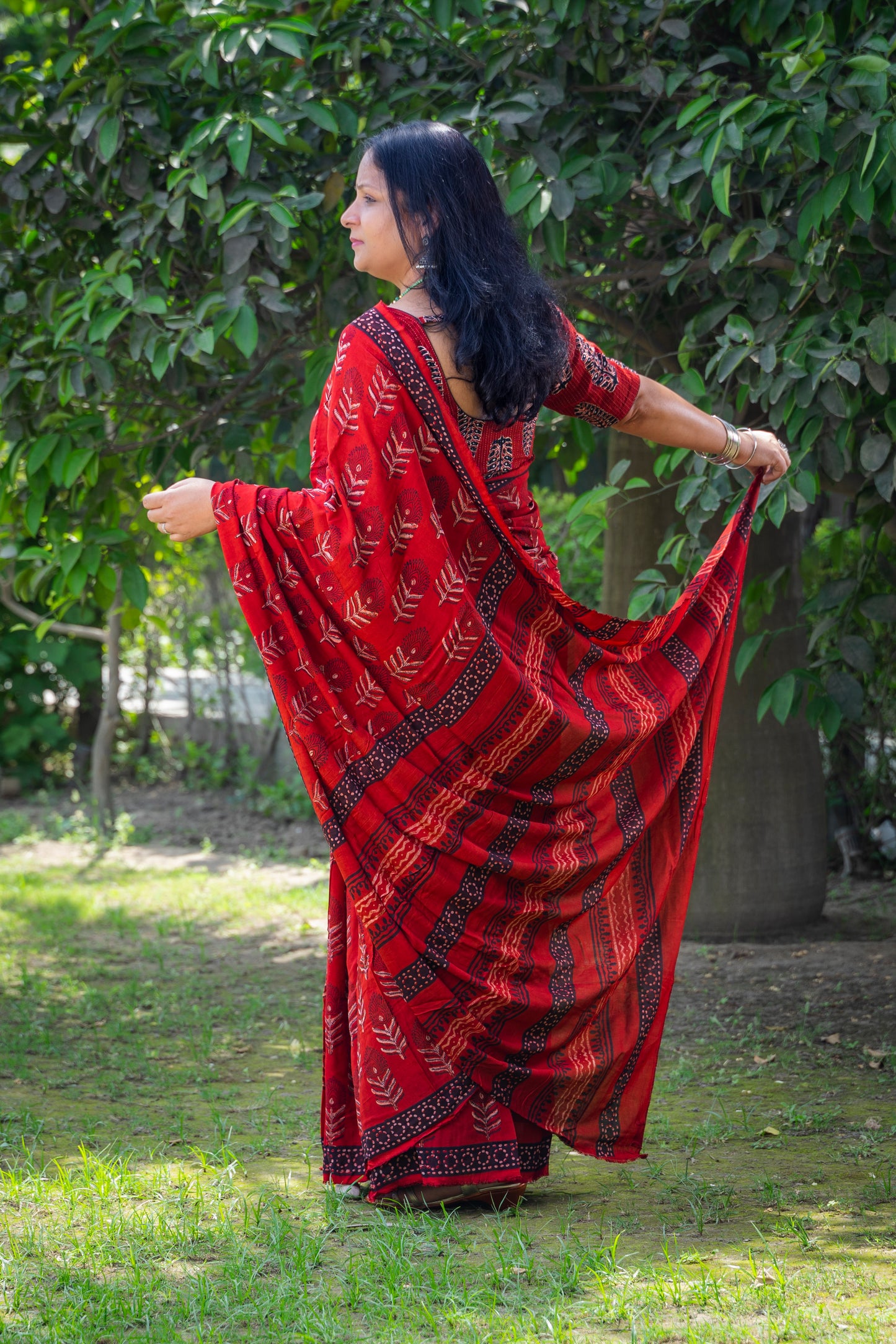 RED BLOCK PRINT MODAL SILK SARI