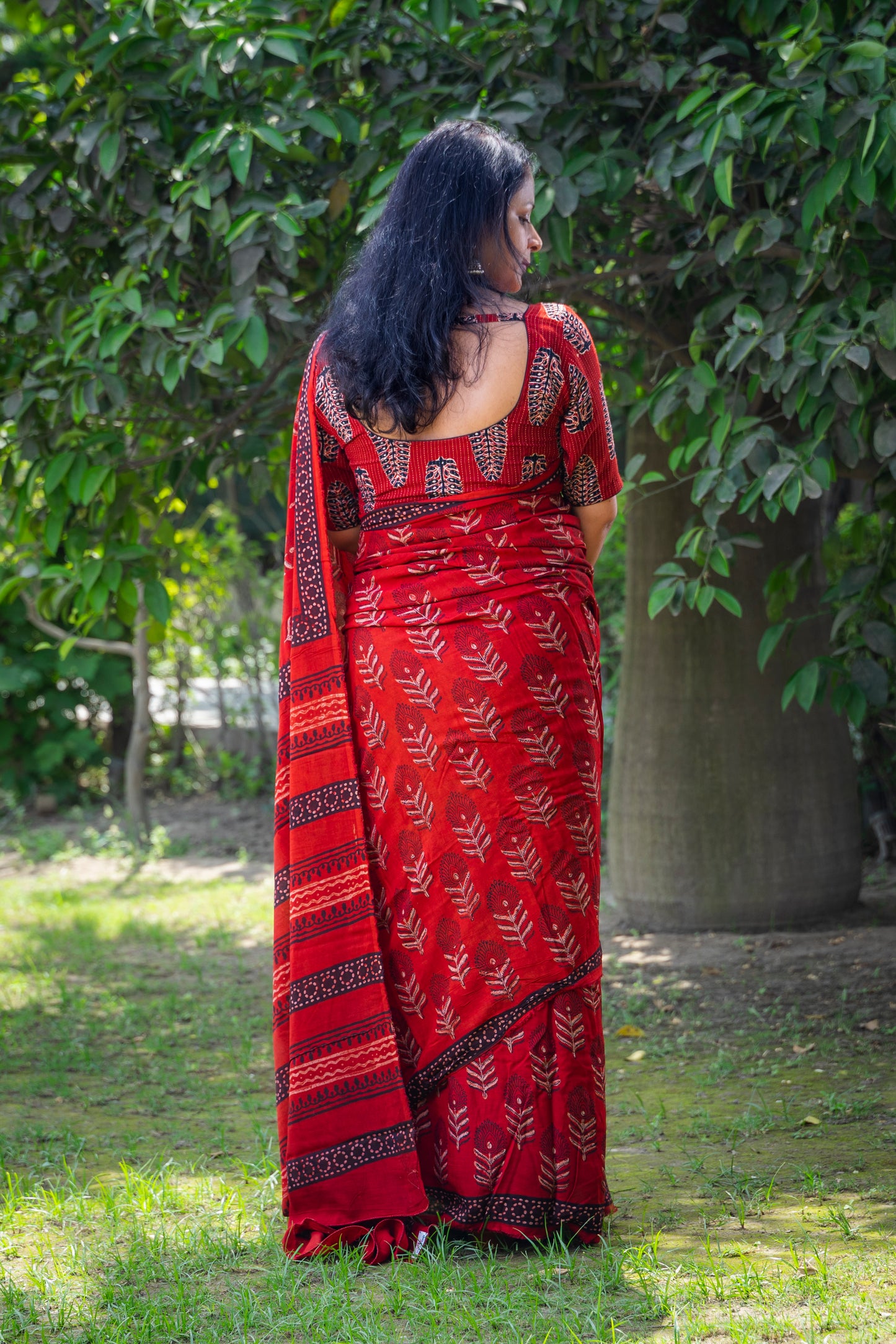 RED BLOCK PRINT MODAL SILK SARI