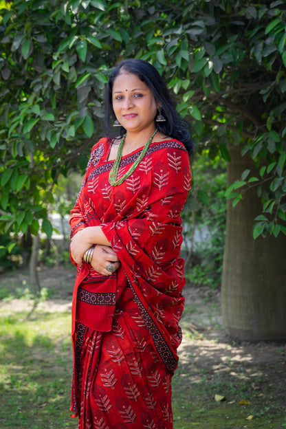 RED BLOCK PRINT MODAL SILK SARI