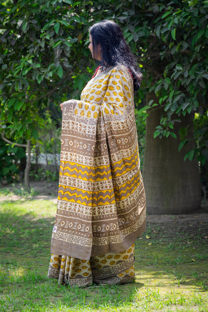 ALMOND-YELLOW LOTUS BLOCK PRINT COTTON SARI