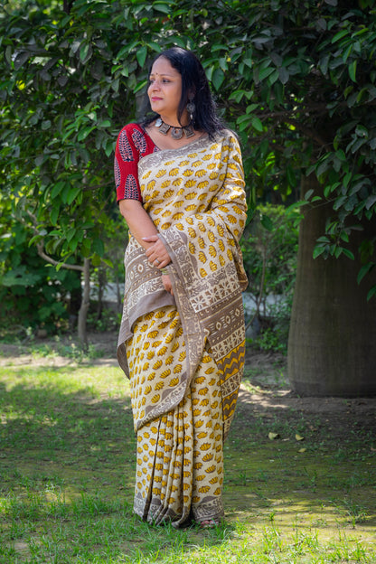 ALMOND-YELLOW LOTUS BLOCK PRINT COTTON SARI