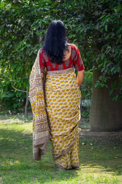 ALMOND-YELLOW LOTUS BLOCK PRINT COTTON SARI