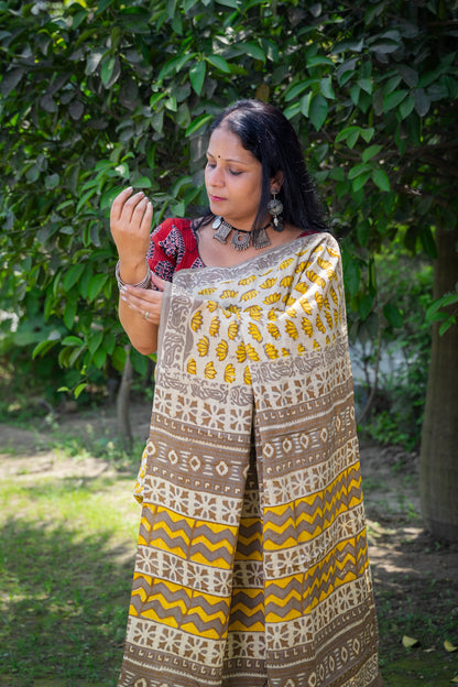 ALMOND-YELLOW LOTUS BLOCK PRINT COTTON SARI