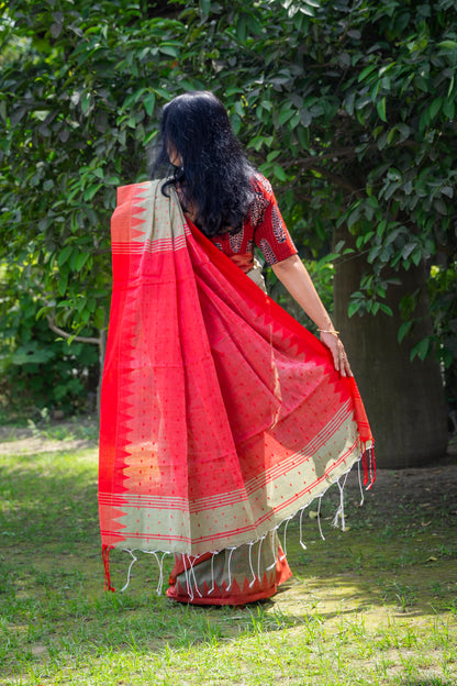 PASTEL GREEN-RED HANDWOVEN COTTON SARI