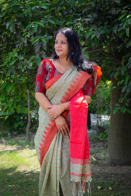 PASTEL GREEN-RED HANDWOVEN COTTON SARI