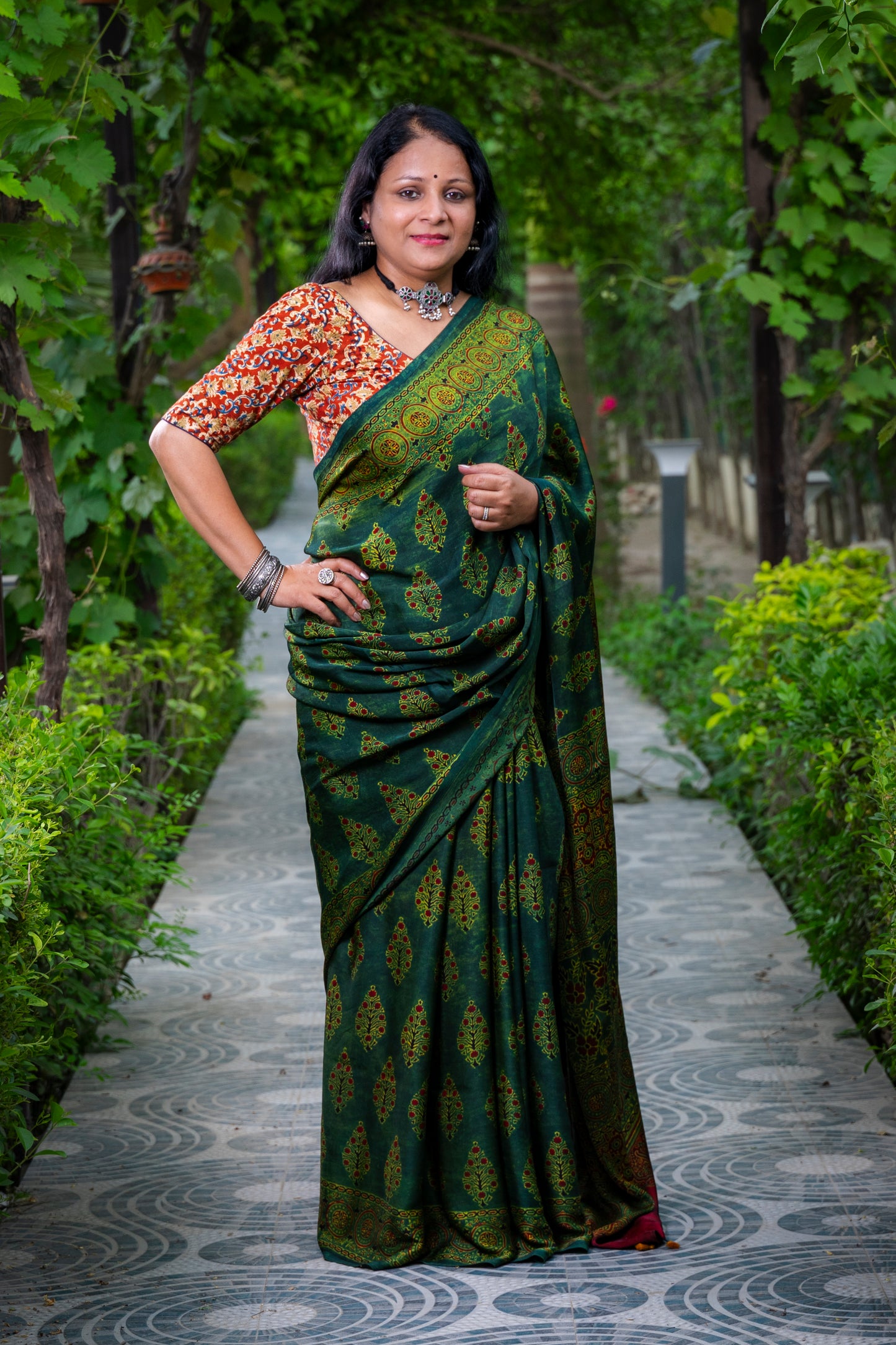 GREEN AJRAKH BLOCK PRINT MODAL SILK SARI