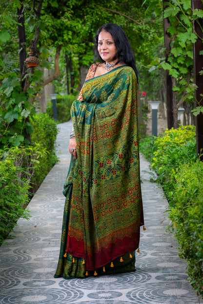 GREEN AJRAKH BLOCK PRINT MODAL SILK SARI