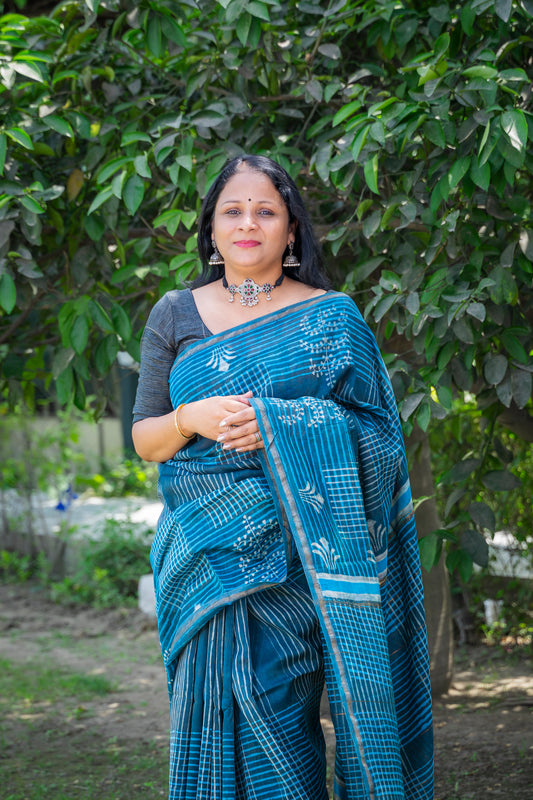 BLUE GEOMETRIC BLOCK PRINT CHANDERI SARI