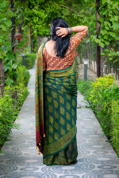 GREEN AJRAKH BLOCK PRINT MODAL SILK SARI