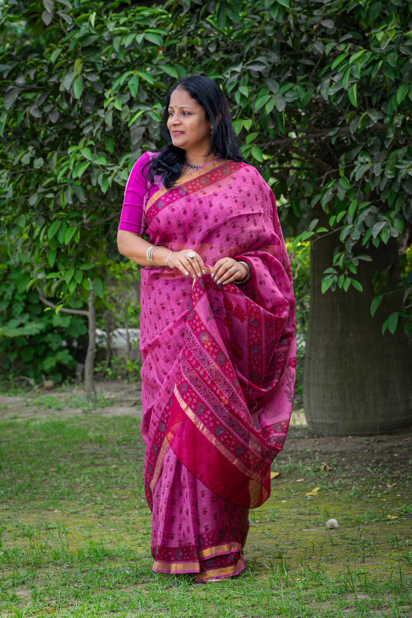 DUSTY ROSE FLOWER MOTIF BLOCK PRINT KOTA SILK SARI