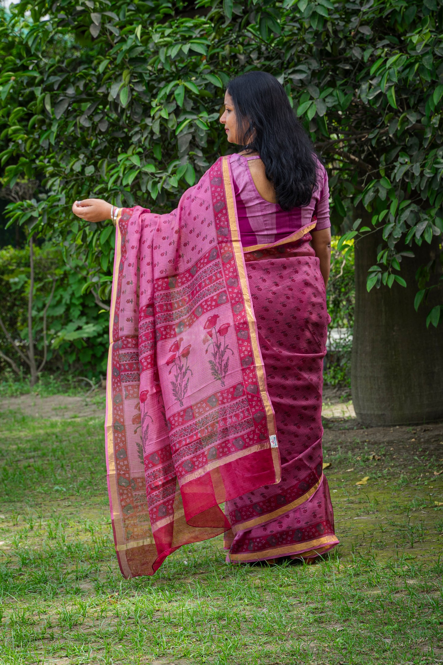 DUSTY ROSE FLOWER MOTIF BLOCK PRINT KOTA SILK SARI