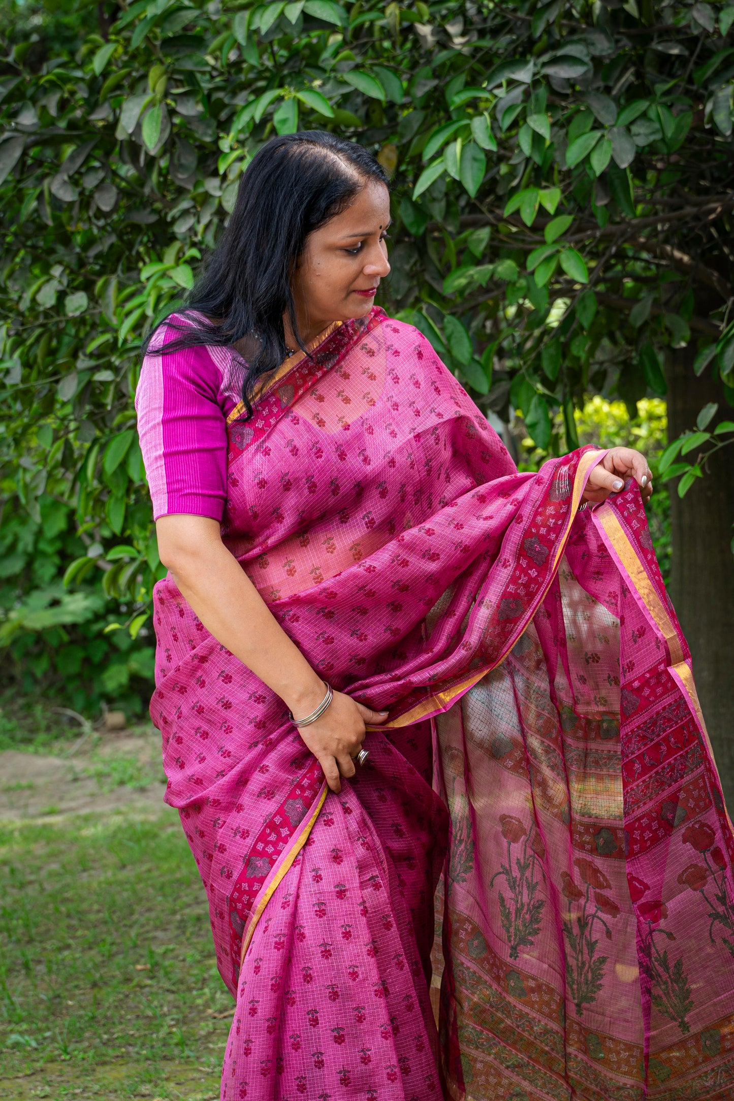 DUSTY ROSE FLOWER MOTIF BLOCK PRINT KOTA SILK SARI