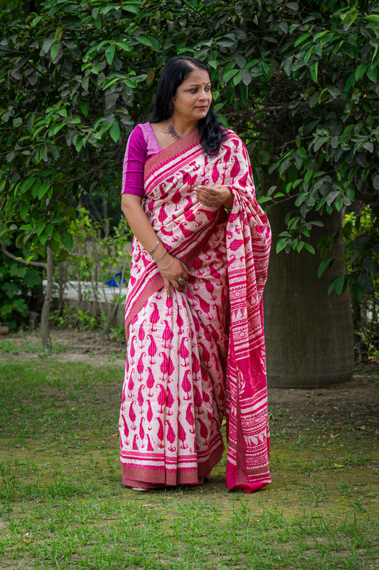 PINK-WHITE PAISLEY BLOCK PRINT CHANDERI SARI