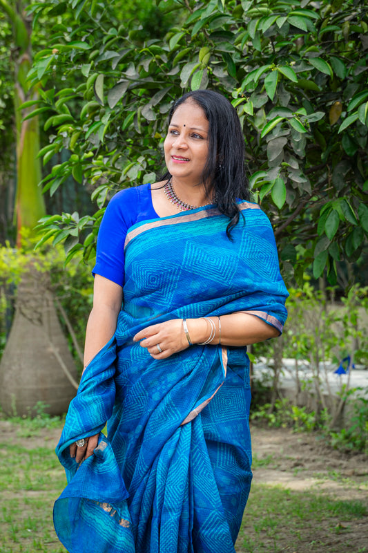 BLUE GEOMETRIC PATTERN BLOCK PRINT KOTA SILK SARI