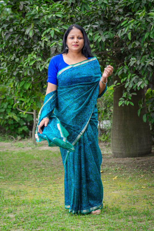 GREENISH BLUE FLORAL BLOCK PRINT KOTA SILK SARI