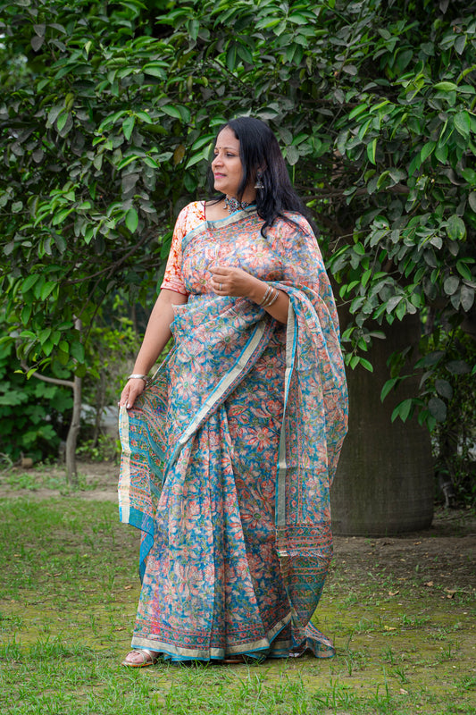 BLUE PEACH FLORAL BLOCK PRINT KOTA SILK SARI