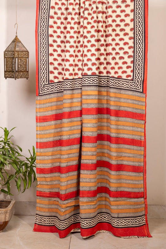 OFFWHITE RED MOTIF BLOCK PRINT COTTON SARI