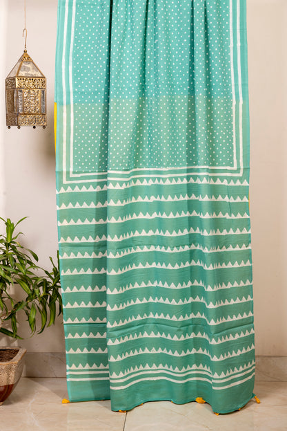 SEA GREEN BLOCK PRINT COTTON SARI