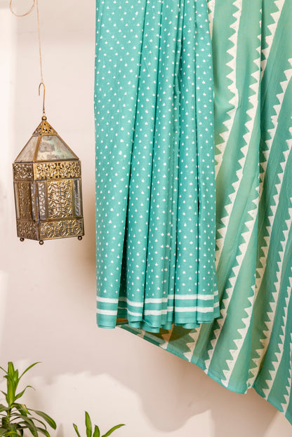 SEA GREEN BLOCK PRINT COTTON SARI