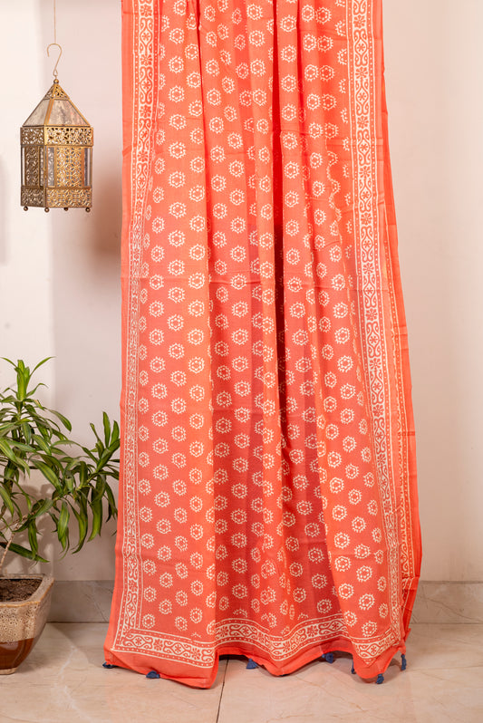 CORAL WHITE BLOCK PRINT COTTON SARI