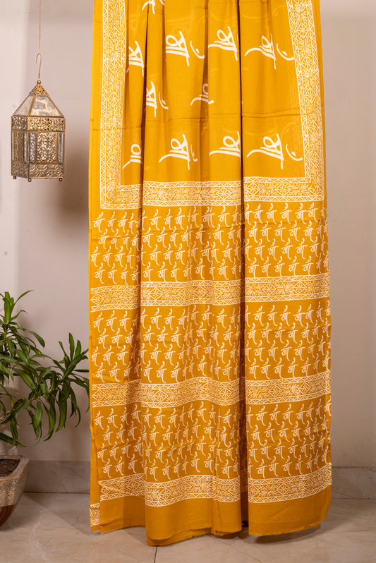 YELLOW 'MAA' BLOCK PRINT COTTON SARI