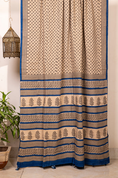 OFFWHITE WITH BLUE BLOCK PRINT COTTON SARI