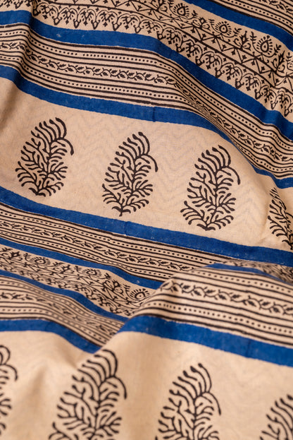 OFFWHITE WITH BLUE BLOCK PRINT COTTON SARI