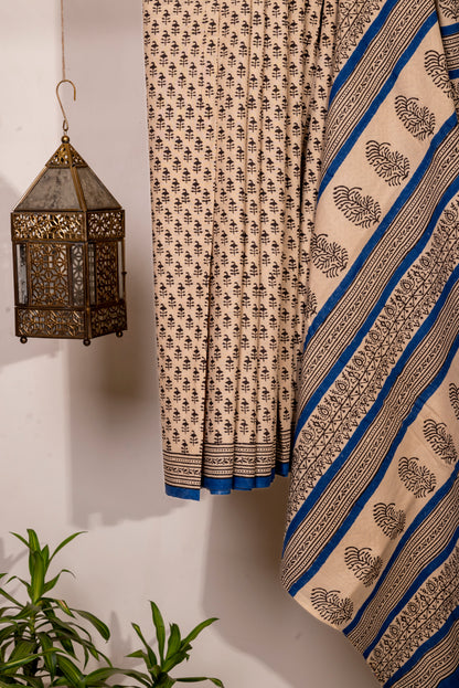 OFFWHITE WITH BLUE BLOCK PRINT COTTON SARI