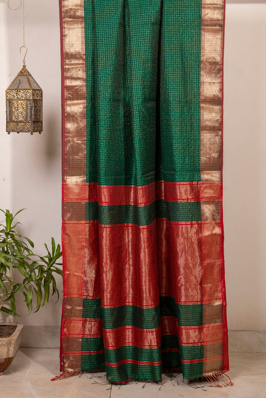 GREEN-RED MAHESHWARI HANDLOOM SARI