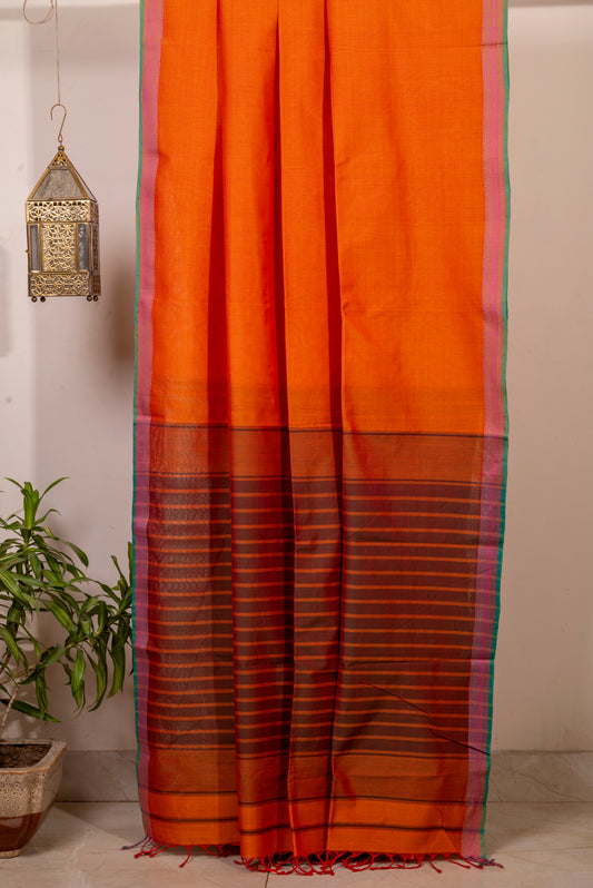 ORANGE PINK BORDER PURE HANDLOOM MAHESHWARI SARI