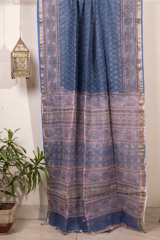 BLUE PINK FLORAL BLOCK PRINT KOTA DORIA SARI