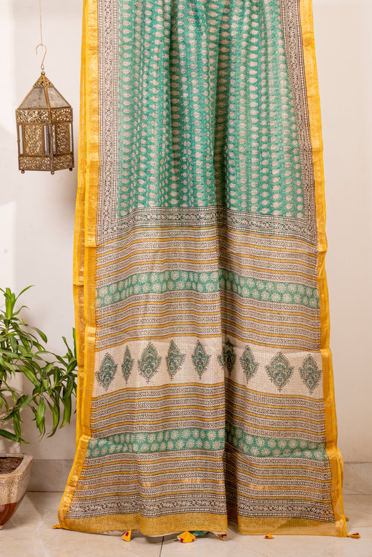 GREEN WHITE FLORAL BLOCK PRINT KOTA DORIA SARI