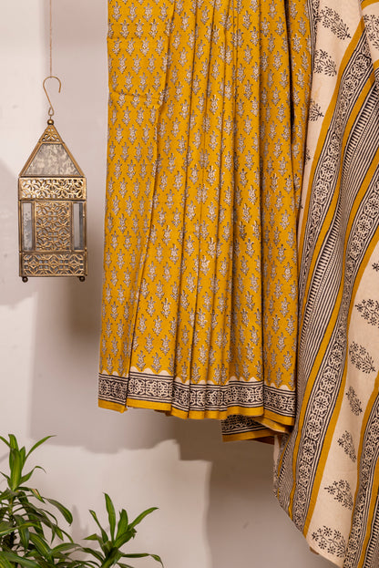 YELLOW-OFF WHITE MOTIF BLOCK PRINT COTTON SARI