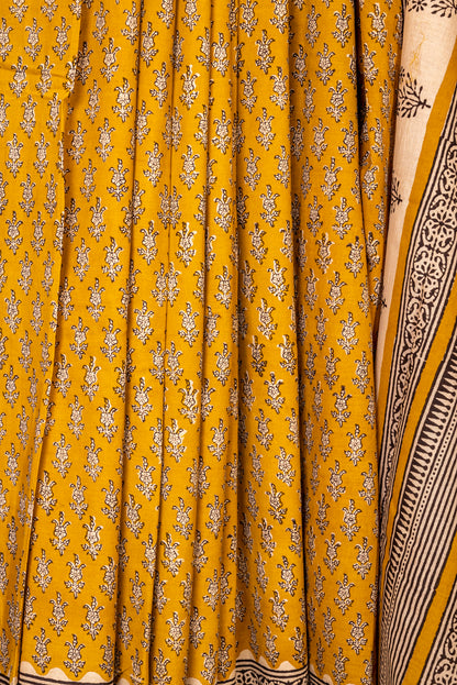 YELLOW-OFF WHITE MOTIF BLOCK PRINT COTTON SARI