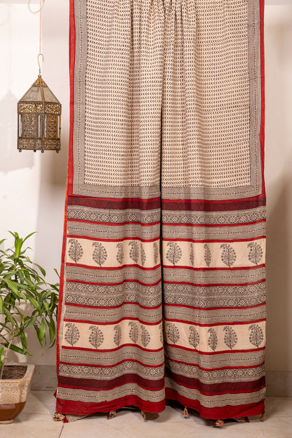 OFFWHITE RED BLOCK PRINT COTTON SARI