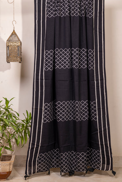 BLACK-WHITE GEOMETRIC PATTERN BLOCK PRINT COTTON SARI