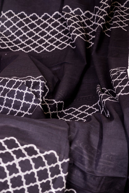 BLACK-WHITE GEOMETRIC PATTERN BLOCK PRINT COTTON SARI