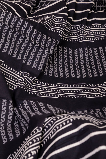 BLACK-WHITE GEOMETRIC PATTERN BLOCK PRINT COTTON SARI