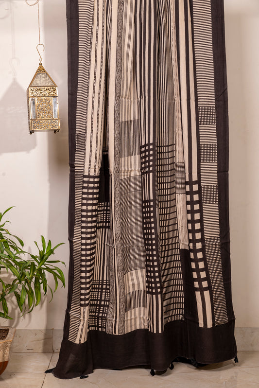 BLACK WHITE STRIPE BLOCK PRINT COTTON SARI