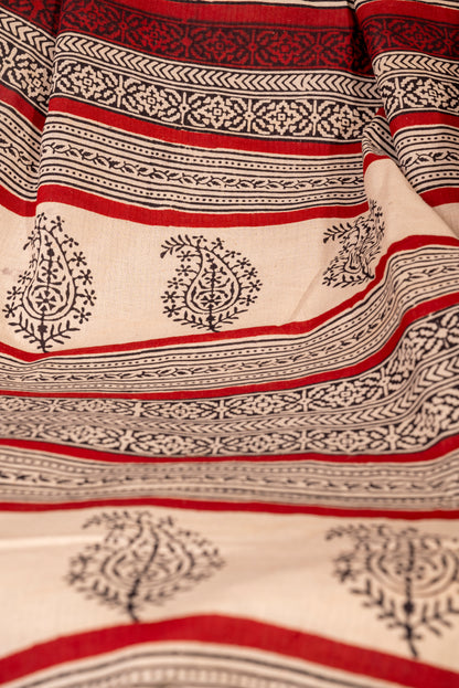 OFFWHITE RED BLOCK PRINT COTTON SARI