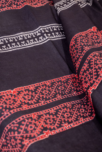 BLACK-RED MOTIF BLOCK PRINT COTTON SARI