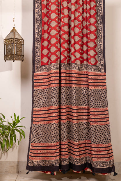 RED-WHITE MOTIF BLOCK PRINT COTTON SARI