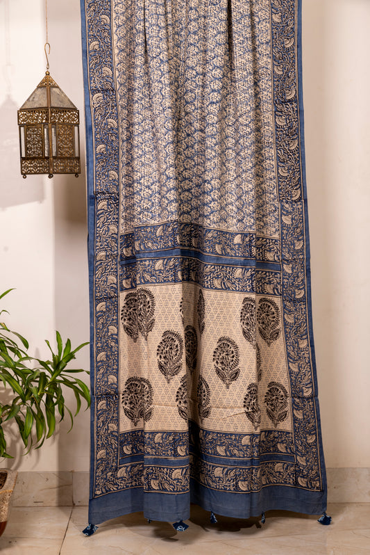 INDIGO-OFF WHITE BLOCK PRINT COTTON SARI