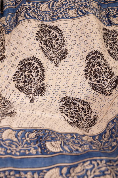 INDIGO-OFF WHITE BLOCK PRINT COTTON SARI